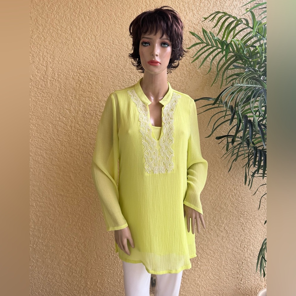 CHICO’S lime green lined tunic with white bead embellishments.